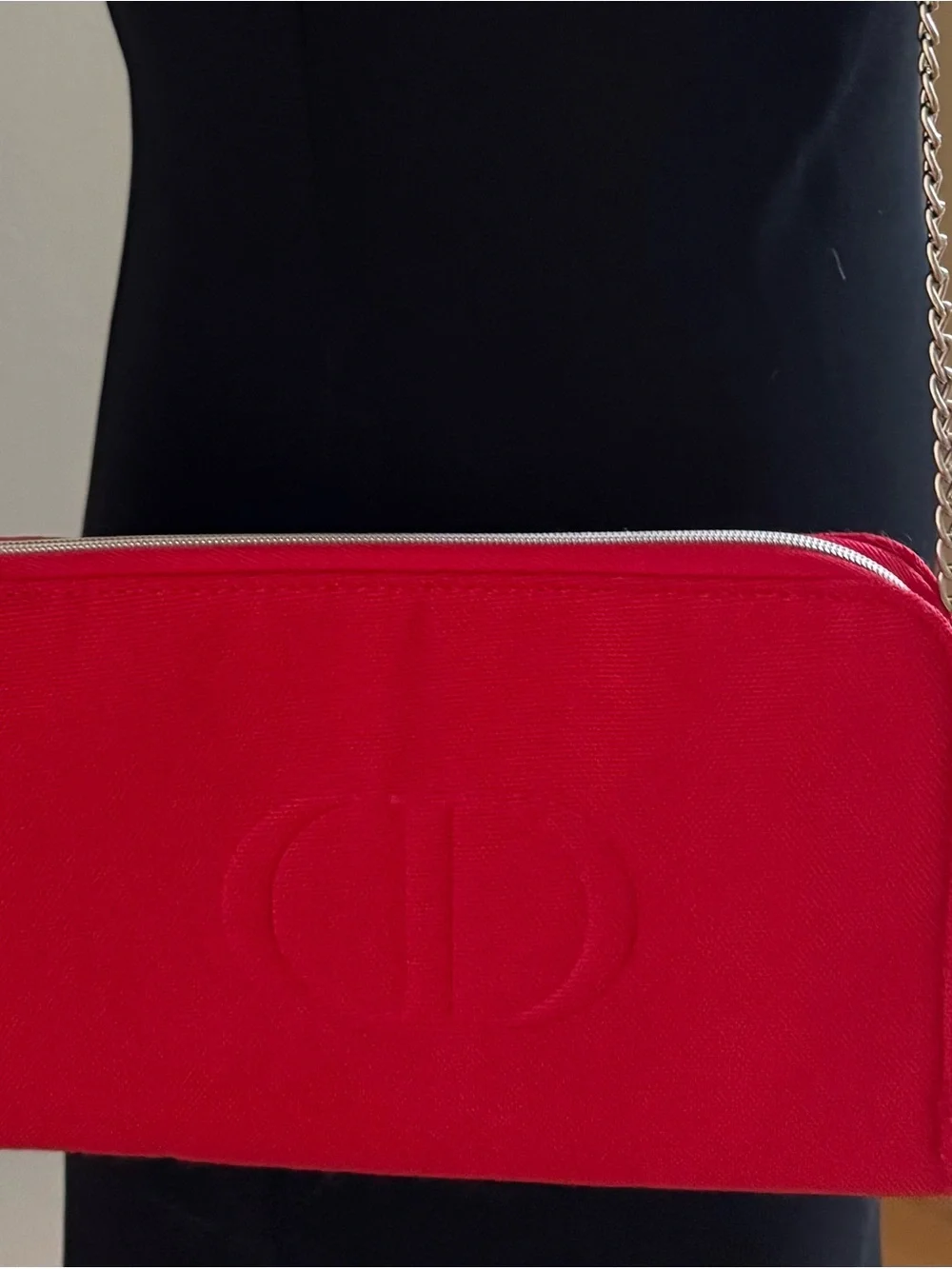 Dior Red fabric cosmetic bag with silver chain to be Crossbody or waist bag.